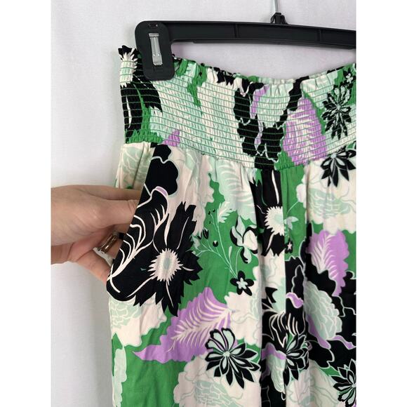 Maeve Anthropologie Saria Smocked Wide Leg Pants Floral White Green Beachy XS T - Picture 3 of 8